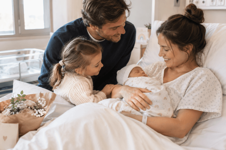 Famille réunie à la maternité autour d’un nouveau-né