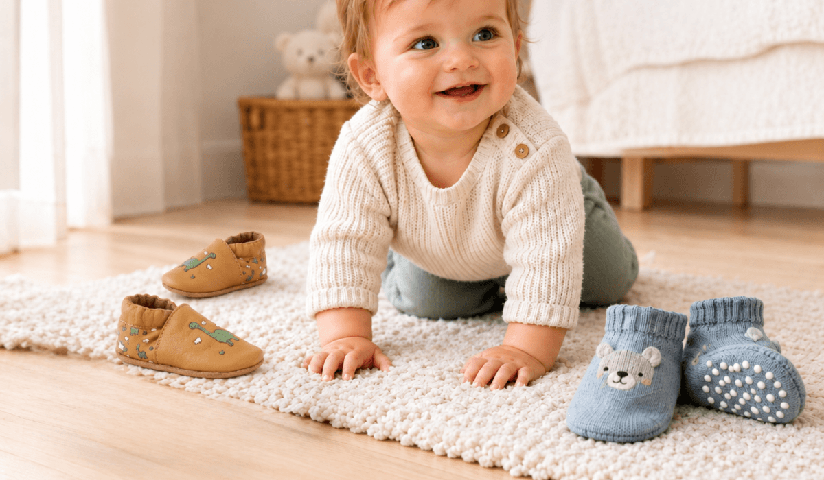 Bébé avec des chaussons en cuir souple, comparés à des chaussettes antidérapantes